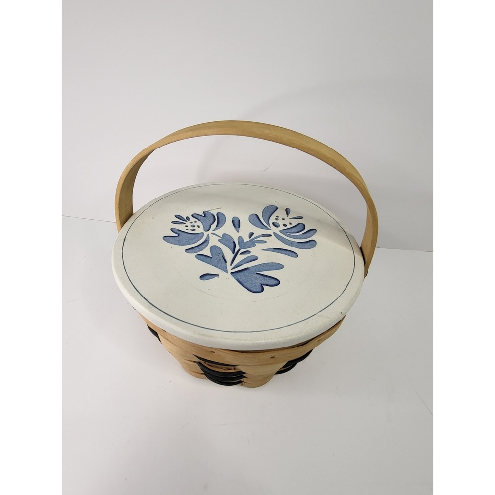 Blue Floral Ceramic Lid Woven Wood Basket Country Cottage Decor Round Storage
